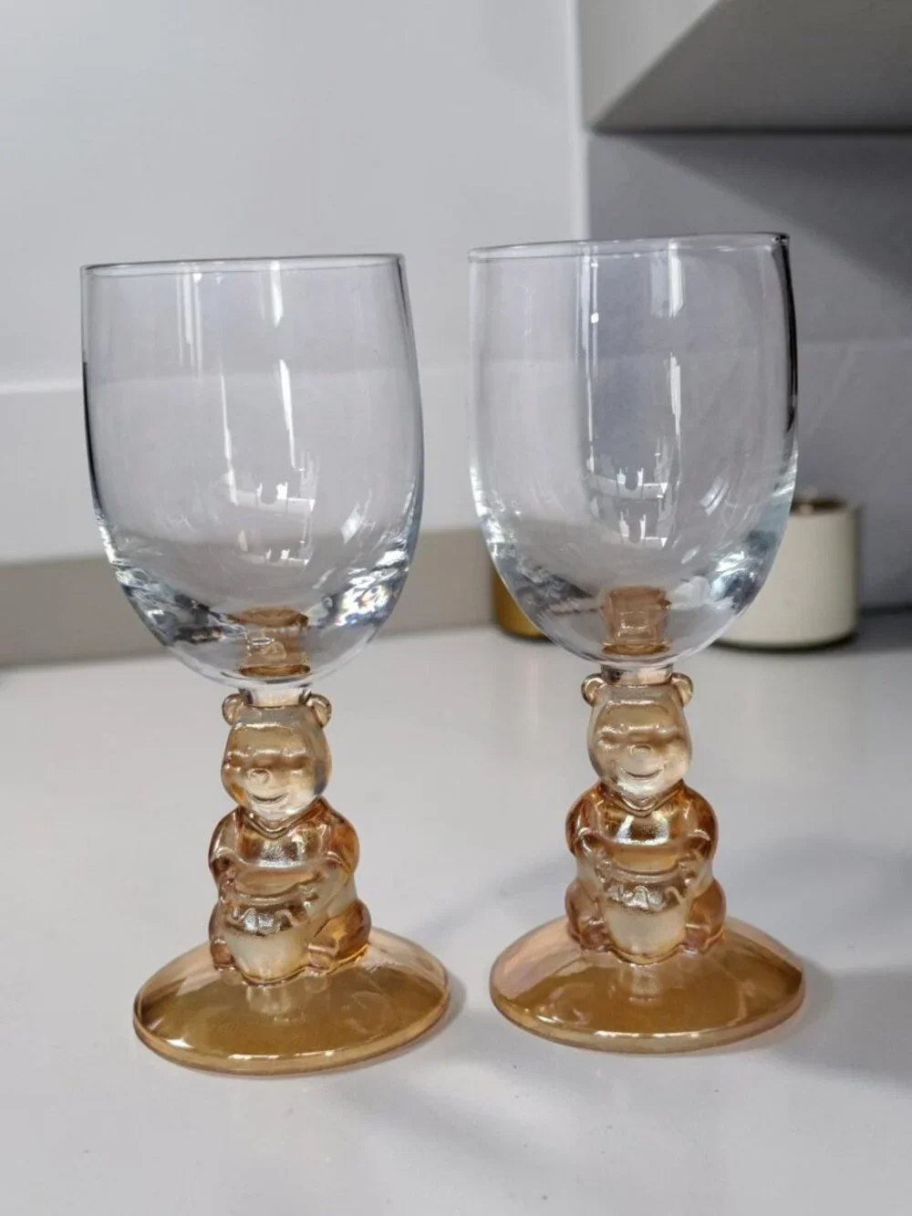 Vintage Lot Of 2 Disney 3D Winnie the Pooh Base Goblet Wine Glass Amber Stemware